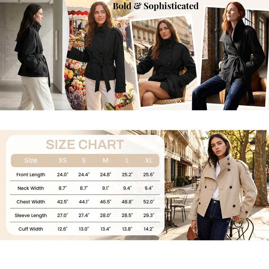 Yeokou Women'S Cropped Double-Breasted Trench Coat, High-Collar Long-Sleeve Fitted Casual Jacket with Belt, Fall Winter Tops Full-Sleeve Outerwear, Full Sleeves
