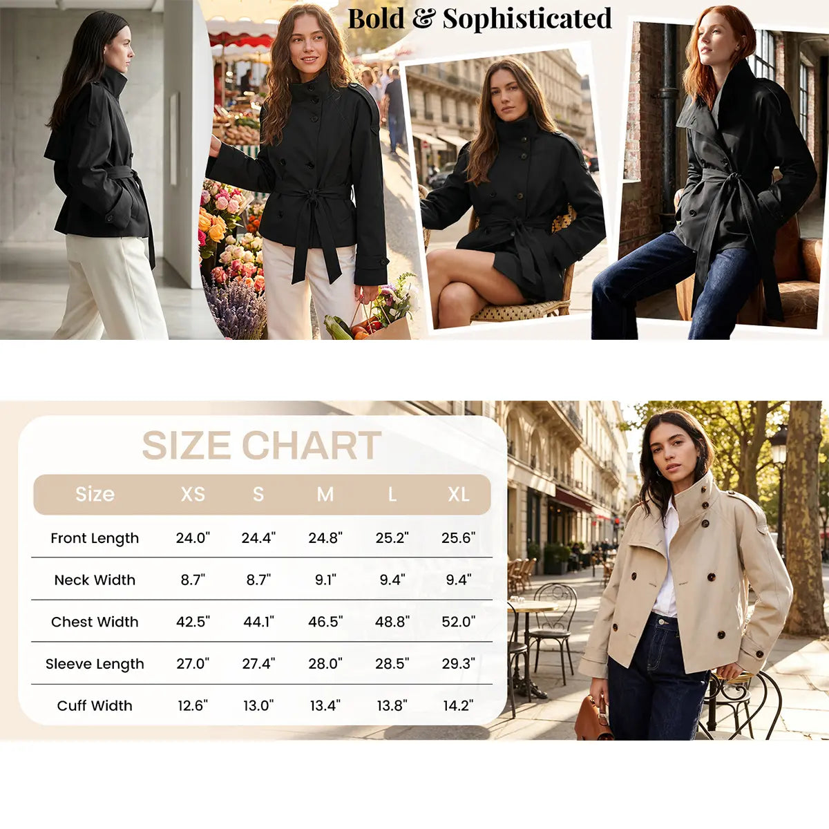 Yeokou Women'S Cropped Double-Breasted Trench Coat, High-Collar Long-Sleeve Fitted Casual Jacket with Belt, Fall Winter Tops Full-Sleeve Outerwear, Full Sleeves