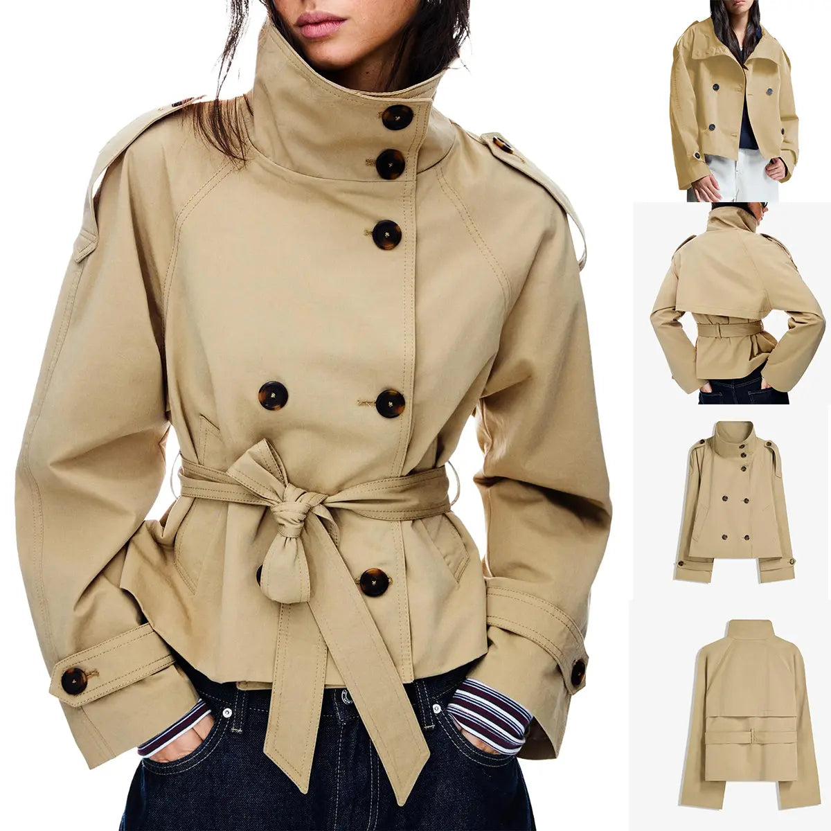 Yeokou Women'S Cropped Double-Breasted Trench Coat, High-Collar Long-Sleeve Fitted Casual Jacket with Belt, Fall Winter Tops Full-Sleeve Outerwear, Full Sleeves