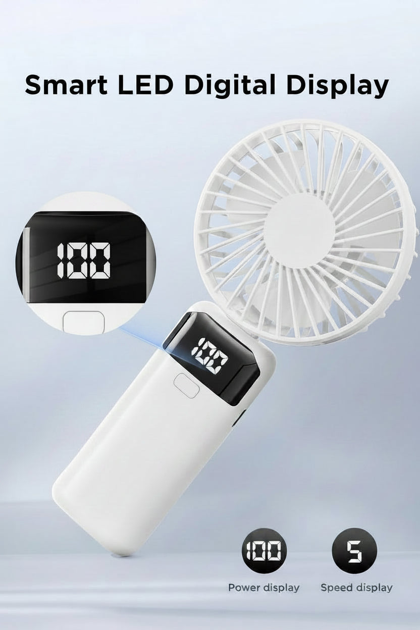 Handheld Fans, Mini Fan 3000Mah Type-C Rechargeable,90° Fold Cooling Portable Handheld Electric Fan,Led Digital Display Fans,For Travel, Outdoor, Home, Office, School, Camping (White)