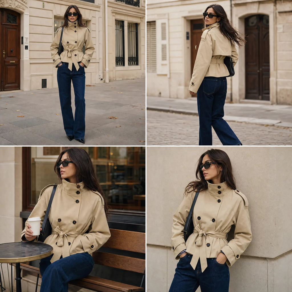 Yeokou Women'S Cropped Double-Breasted Trench Coat, High-Collar Long-Sleeve Fitted Casual Jacket with Belt, Fall Winter Tops Full-Sleeve Outerwear, Full Sleeves