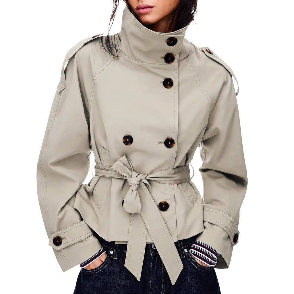 Yeokou Women'S Cropped Double-Breasted Trench Coat, High-Collar Long-Sleeve Fitted Casual Jacket with Belt, Fall Winter Tops Full-Sleeve Outerwear, Full Sleeves